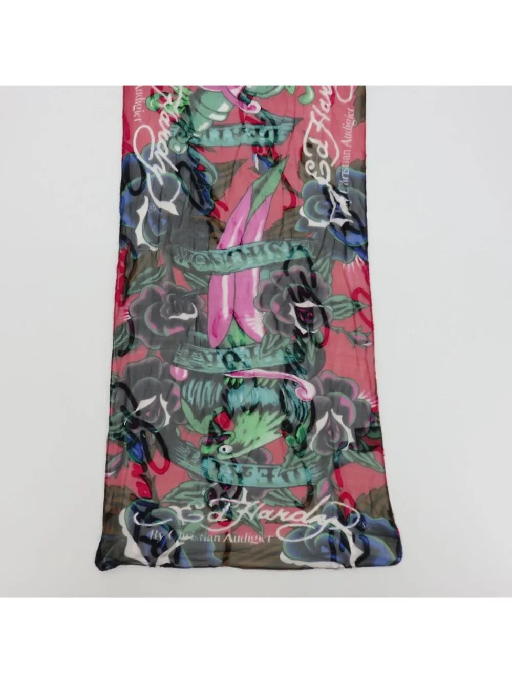 Ed Hardy All Silk Red Green Black Rectangle Scarf Graphic Tattoo Roses Eagle Y2K